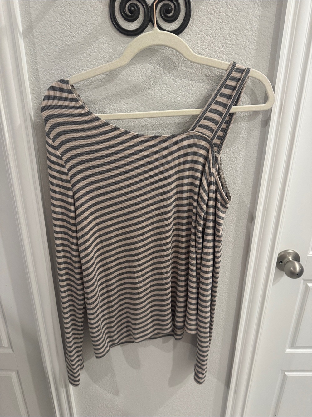 CAbi One-Shoulder Striped Tunic in Taupe & Black